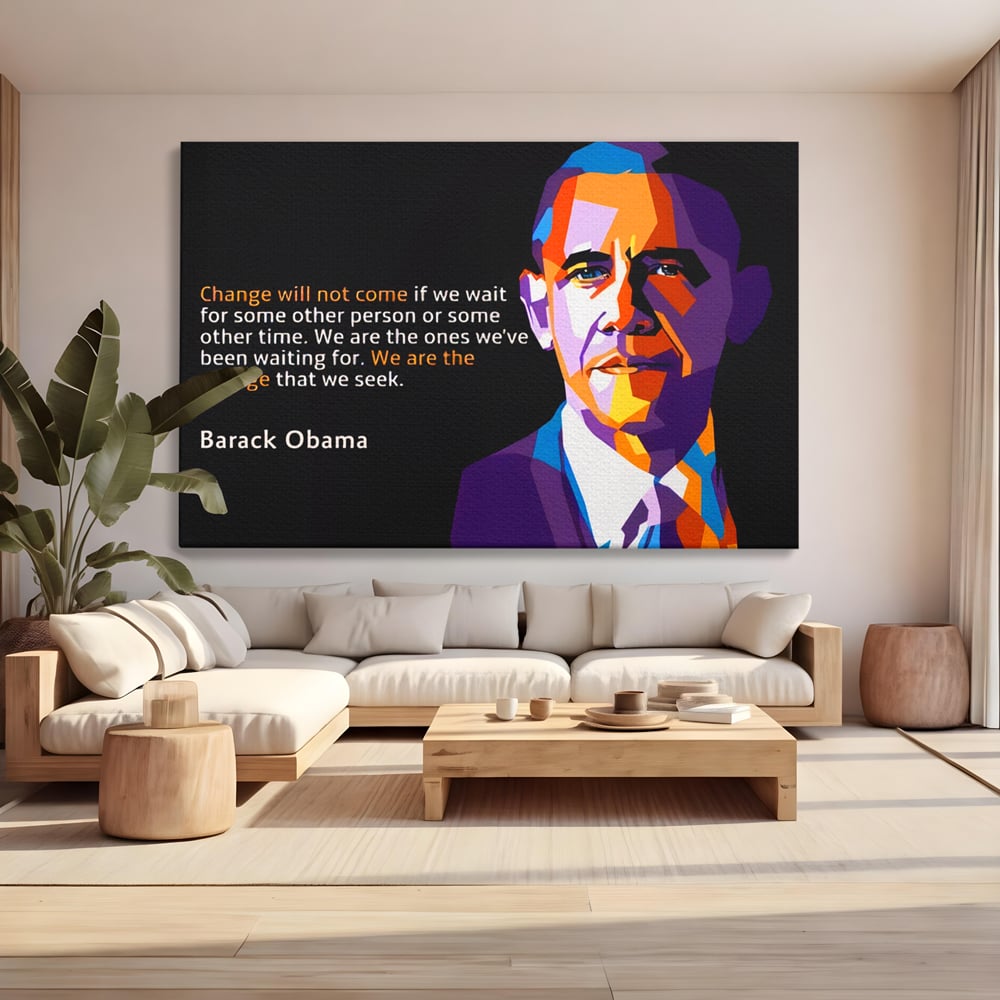 Tablou canvas cu tablou canvas cu portretul stilizat al lui barack obama, fara rama, pe sasiu de lemn, pe perete intr-un living